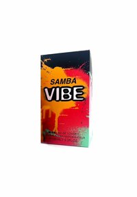 Doftask för "Samba VIBE," med livliga färgsprut av orange, rött och svart, rektangulär form, djärv typografi, 100 ml volym.