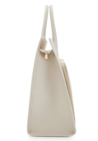 Structured light beige tote bag made of textured leather, featuring a gold zipper, angled shape, and two sturdy handles for carrying.