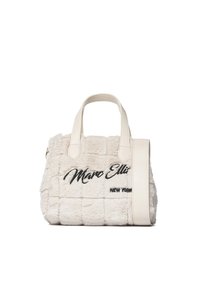Witte pluche handtas met gewatteerde textuur, leren handvatten en zijriem. Voorzien van zwart geborduurd logo "Marc Ellis" en "NEW YORK".