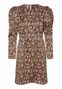 Kwiatowa sukienka z bufkami, z czarnym tłem i skomplikowanymi wzorami różowych, białych i brązowych kwiatów; zamek błyskawiczny z tyłu.