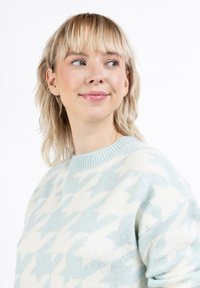 Hellblauer und cremefarbener Pullover mit Hahnentrittmuster, aus weichem Material gefertigt, mit geripptem Rundhalsausschnitt und überschnittenen Schultern.