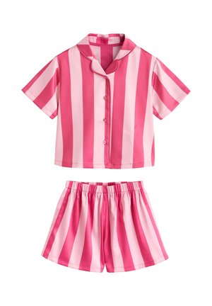 Zweiteiliger rosa und hellrosa vertikal gestreifter kurzärmeliger Hemd-Button-up und Shorts mit elastischem Bund.