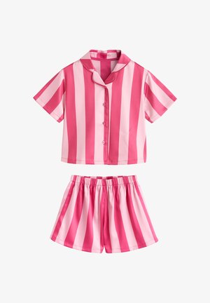 Zweiteiliger rosa und hellrosa vertikal gestreifter kurzärmeliger Hemd-Button-up und Shorts mit elastischem Bund.