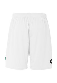 Witte sportieve shorts gemaakt van lichtgewicht materiaal, met een elastische tailleband en een zwart logo op het rechterbeen.