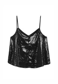 Top canottiera nera con paillettes, spalline sottili, scollatura a V, vestibilità ampia e superficie riflettente scintillante.