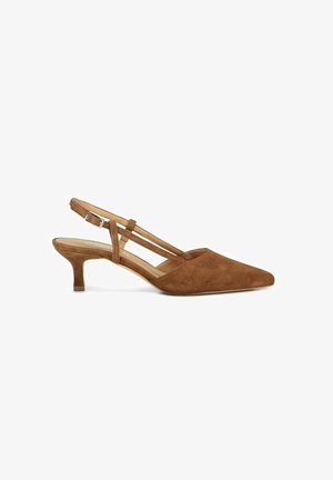 Décolleté slingback in suede marrone con punta appuntita, tacco basso kitten e sottili doppi cinturini con fibbia piccola su sfondo bianco.