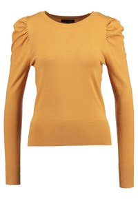 Senapsgul långärmad tröja med puffärmdetaljer, ribbad nederkant och muddar, tillverkad av stickat tyg. Enkel rund halsringning.