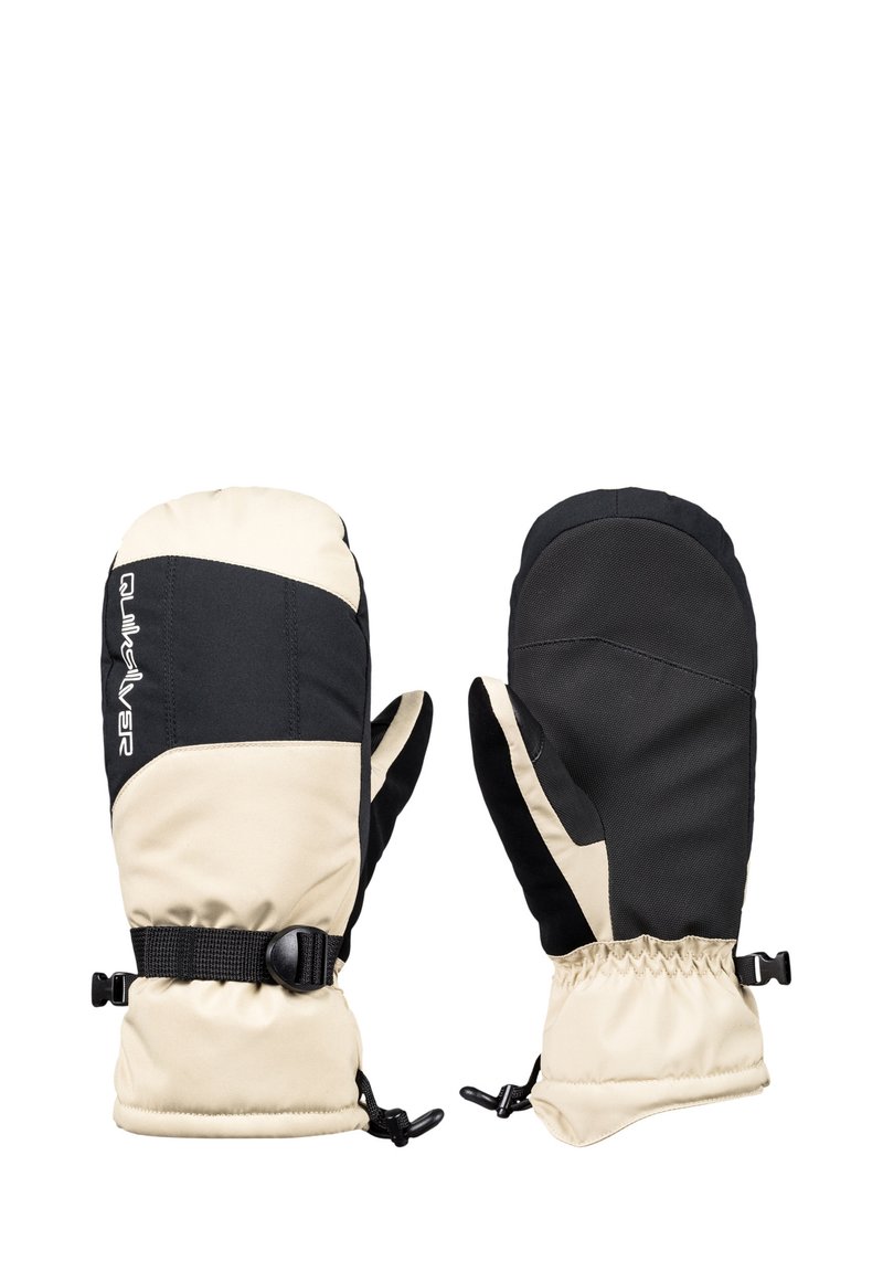 Zwei Handschuhe in einem schwarz-creamfarbenen Farbschema. Aus strapazierfähigem Stoff gefertigt, mit einem engen Bündchen und einem verstellbaren Riemen für einen sicheren Sitz.