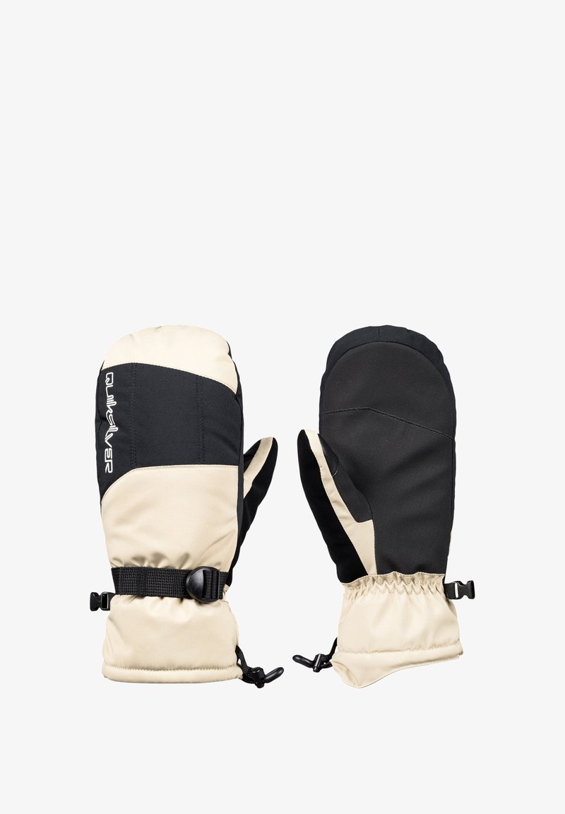 Zwei Handschuhe in einem schwarz-creamfarbenen Farbschema. Aus strapazierfähigem Stoff gefertigt, mit einem engen Bündchen und einem verstellbaren Riemen für einen sicheren Sitz.