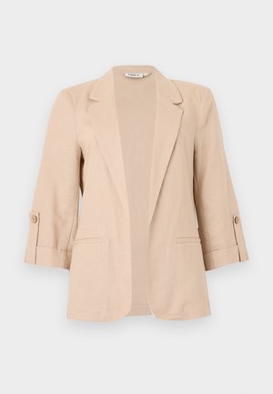 Μπεζ γυναικείο σακάκι με τρία τέταρτα μανίκια, ανοιχτό μπροστινό μέρος, πέτο με εγκοπές, κουμπωτές λουρίδες στα μανίκια και δύο εμπρόσθιες λοξές τσέπες.