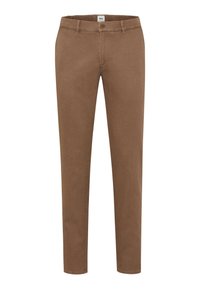 Bruine stretchstoffen broeken met een slim fit, met een enkele knoopsluiting en vijf zakken, ontworpen voor comfort en mobiliteit.