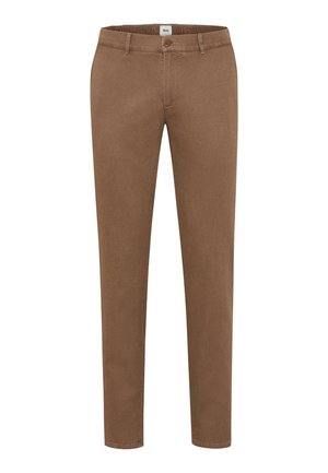 Bruine stretchstoffen broeken met een slim fit, met een enkele knoopsluiting en vijf zakken, ontworpen voor comfort en mobiliteit.
