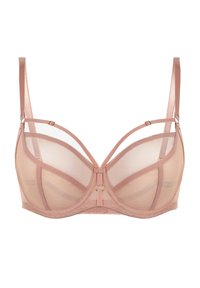 Biustonosz z fiszbinami w miękkiej, różowej siateczce, z delikatnymi detalami na ramiączkach i złotym akcentem na środku. Gładka tekstura i półprzezroczysty fason.