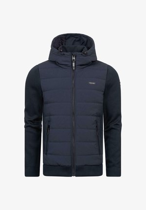 Navy blue jacket with a padded quilted front, knit sleeves, adjustable hood, and zipper pockets. Features logo detail near the chest.