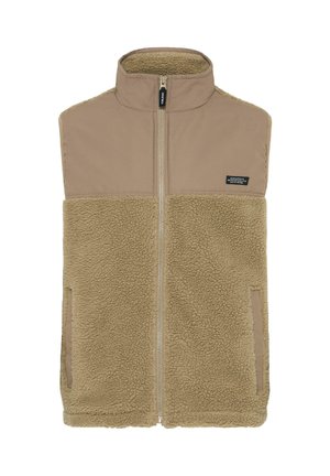 Beige vest med høj krave, der har en blød, tekstureret fleece nederste sektion, glat øverste sektion og frontlukning med lynlås.