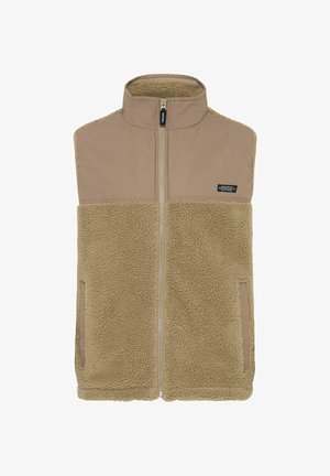 Beige mellény magas gallérral, puha, texturált fleece alsó résszel, sima felső résszel és elöl cipzáras záródással.