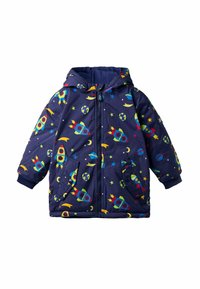 Dunkelblaue Pufferjacke mit Kapuze, die mit bunten Mustern von Raketen, Planeten und Sternen verziert ist. Enthält Fronttaschen und einen Reißverschluss.