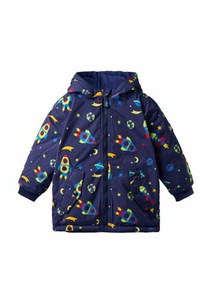 Dunkelblaue Pufferjacke mit Kapuze, die mit bunten Mustern von Raketen, Planeten und Sternen verziert ist. Enthält Fronttaschen und einen Reißverschluss.