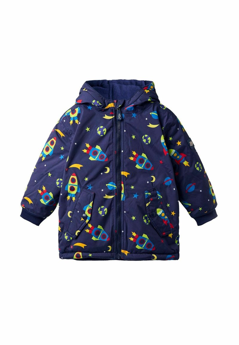 Dunkelblaue Pufferjacke mit Kapuze, die mit bunten Mustern von Raketen, Planeten und Sternen verziert ist. Enthält Fronttaschen und einen Reißverschluss.