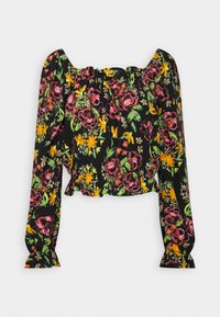 Zwarte lange mouw top met bloemenprint in roze, geel en groen. Heeft een geplooide halslijn en gerimpelde mouwmanchetten, met een cropped ontwerp.