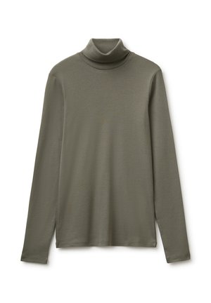 Chemise à col roulé vert olive à manches longues avec une texture lisse, présentée sur fond blanc.