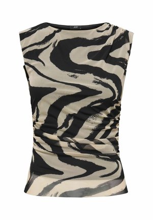 Top sans manches noir et beige avec un motif de rayures de zèbre, fabriqué en tissu texturé, présentant des côtés froncés et un col rond.