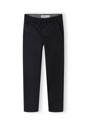 Schwarze Chinos aus Baumwolle. Verfügt über zwei Vordertaschen, einen Knopfverschluss und ein gerades Bein. Glatte Textur mit minimalen Details.