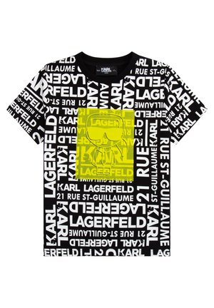 Schwarz-weißes Karl Lagerfeld Logo T-Shirt mit einem gelben Quadrat, das eine Cartoon-Figur mit Sonnenbrille und Anzug zeigt.