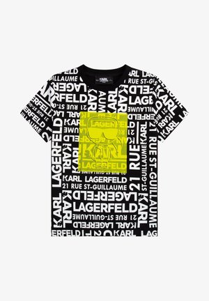 Sort-hvid Karl Lagerfeld logo T-shirt med en gul firkant med en tegneseriefigur iført solbriller og jakkesæt.