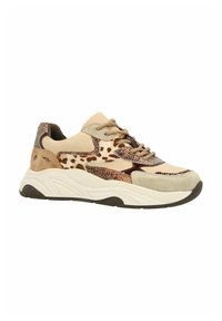 Beige and brown sneakers featuring a mix of suede and textured materials, a chunky white sole, and a speckled animal print design.