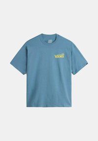 Camiseta de algodón azul con mangas cortas y cuello redondo. Presenta un logo amarillo de "VANS" y el número '66' en el lado izquierdo del pecho.