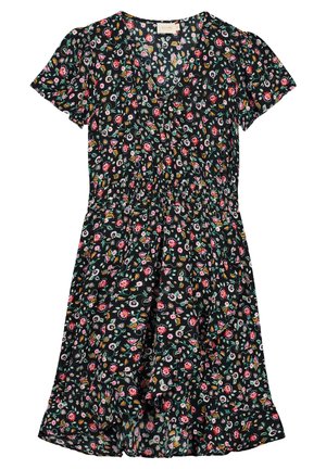 Vestido negro de manga corta con pequeño estampado floral colorido, escote en V, cintura fruncida y falda acampanada.