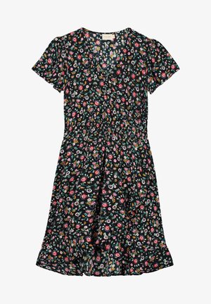 Robe noire à manches courtes avec petit imprimé floral coloré, col en V, taille froncée et jupe évasée.
