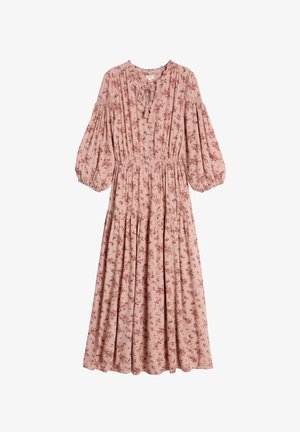 Rosa blommig midaxi-klänning med långa puffärmar, insamlad midja och knytning i halsen. Har ett mjukt, flödande tyg och ett fint blommönster.