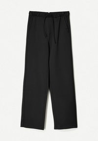 Musta, leveälahkeiset collegehousut, jotka on valmistettu sileästä kankaasta. Niissä on joustava vyötärö nauhalla ja sivutaskut.