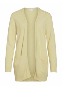 Ljusgul cardigan med öppen front, långa ärmar och två framfickor. Tillverkad av mjukt, texturerat material med ribbade muddar och nederkant.