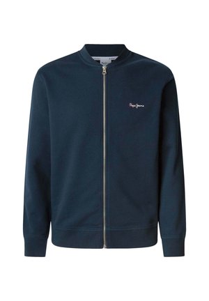 Navy blue zip-up jacket made of soft fabric, featuring a ribbed collar and cuffs, with a small red logo on the left chest.