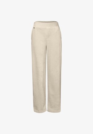 Beige brede bukser lavet af blødt stof, med elastisk talje og to forlommer. Glat tekstur med et rent design.