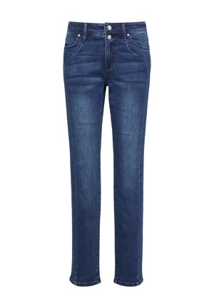 Donkerblauwe denim jeans met een rechte pasvorm, voorzien van vijf zakken, riemlussen en een subtiele vervaging. Gemaakt van katoen met een soepele textuur.