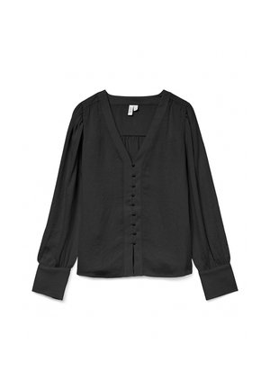 Schwarze Bluse mit langen Ärmeln, V-Ausschnitt, Knopfverschluss und gerafften Schultern. Weiche Textur mit enganliegenden Manschetten und entspannter Silhouette.