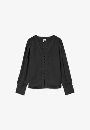 Blusa nera a maniche lunghe con scollatura a V, apertura frontale con bottoni e spalle arricciate. Texture morbida con polsini aderenti e silhouette rilassata.