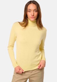 Hellgelber Rollkragenpullover aus weichem Material, mit langen Ärmeln und einem enganliegendem Schnitt, versehen mit gerippten Bündchen und Saum.
