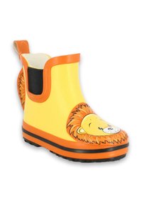 Kindergummistiefel in Gelb mit einem Löwenkopfdesign, orangefarbenen Akzenten, schwarzem Sohlen und einem seitlichen elastischen Einsatz für einfaches An- und Ausziehen.