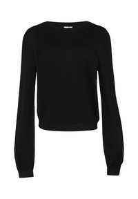 Pull en tricot noir avec un col rond, des manches longues et un motif texturé. L'ourlet est court avec des bords côtelés.