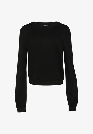 Czarny sweter z dzianiny, okrągłym dekoltem, długimi rękawami i fakturowanym wzorem. Dół jest skrócony z ribbowanymi brzegami.