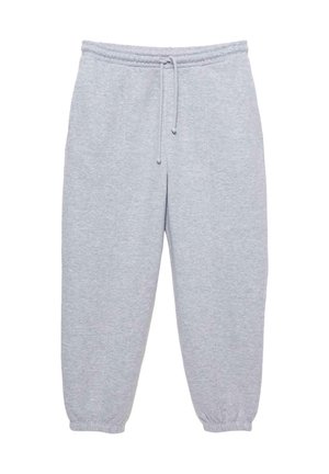 Pantaloni della tuta grigi chiari realizzati in tessuto morbido, con una vita elasticizzata dotata di cordino e polsini affusolati alle caviglie.