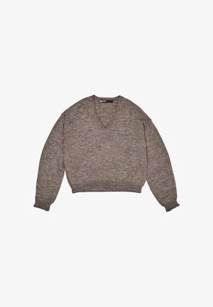 Brązowy krótki sweter z dekoltem w szpic. Wykonany z teksturowanej dzianiny, posiada szerokie rękawy oraz prążkowane mankiety i dół.