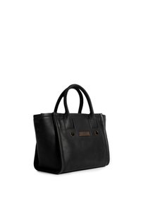 Zwarte leren handtas met ronde handvatten, rechthoekige vorm, platte bodem, gouden hardware accenten en textuurdetail aan de voorkant.