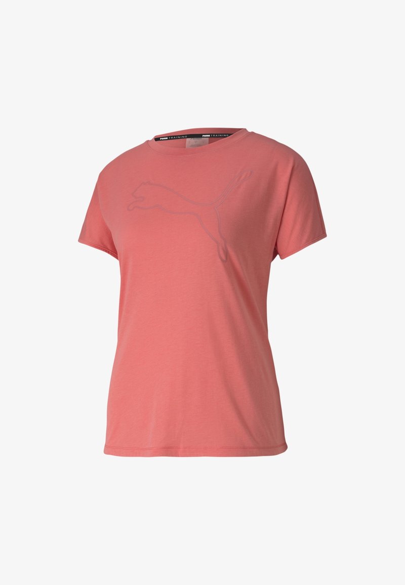 Růžová krátká tričko s krátkým rukávem vyrobené z měkké tkaniny, s tónovým grafickým logem Puma na hrudi a s kulatým výstřihem.