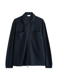 Dark navy zip-up jacket made of textured fabric, featuring a spread collar and two front patch pockets. Simple and modern design.